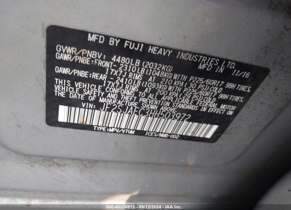 2017 SUBARU FORESTER 2.5I PREMIUM VIN: JF2SJAEC3HH503972