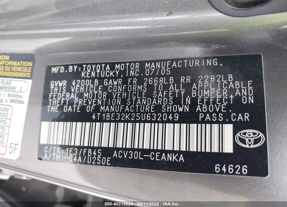 2005 TOYOTA CAMRY LE VIN: 4T1BE32K25U632049