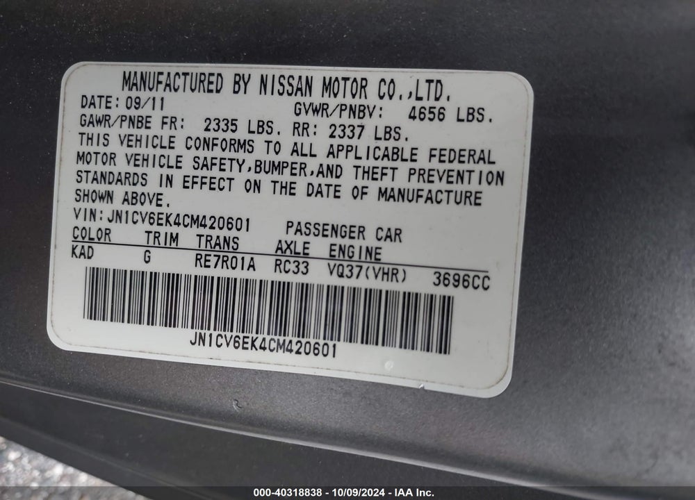 2012 INFINITI G37 VIN: JN1CV6EK4CM420601