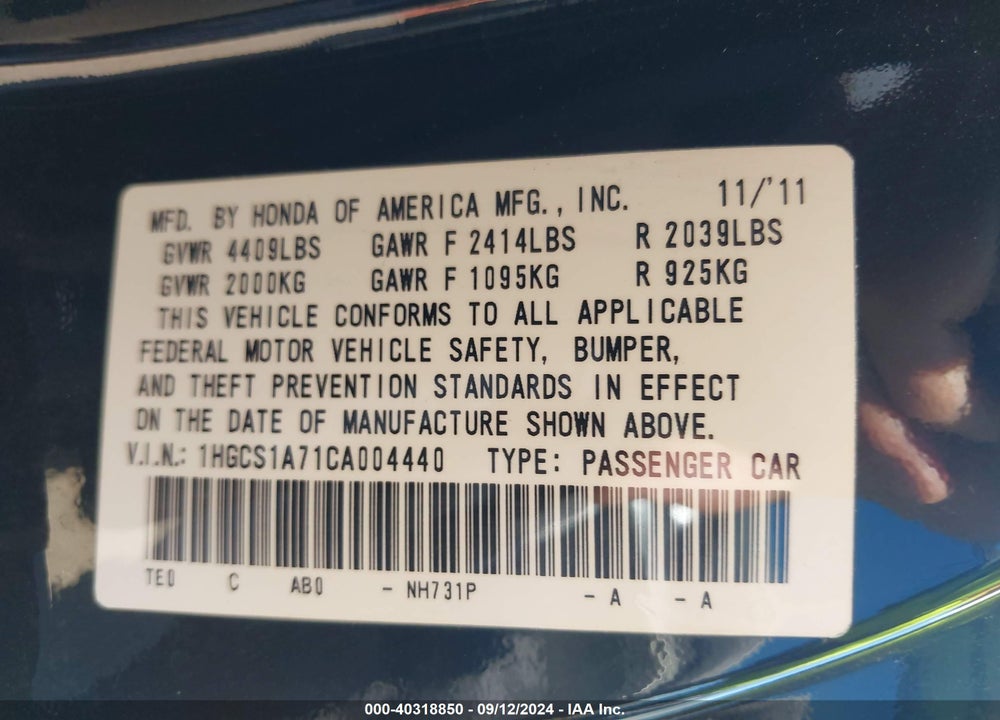 2012 HONDA ACCORD 2.4 EX VIN: 1HGCS1A71CA004440