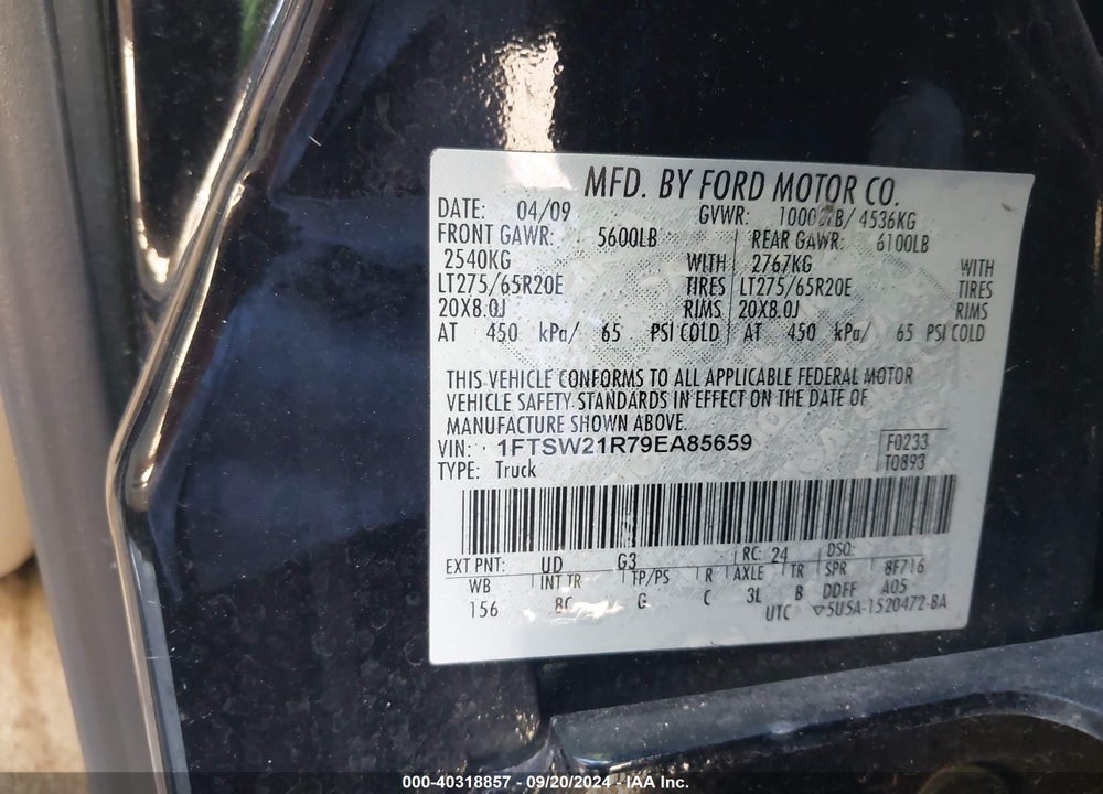 2009 FORD F-250 FX4/HARLEY-DAVIDSON/KING RANCH/LARIAT/XL/XLT VIN: 1FTSW21R79EA85659
