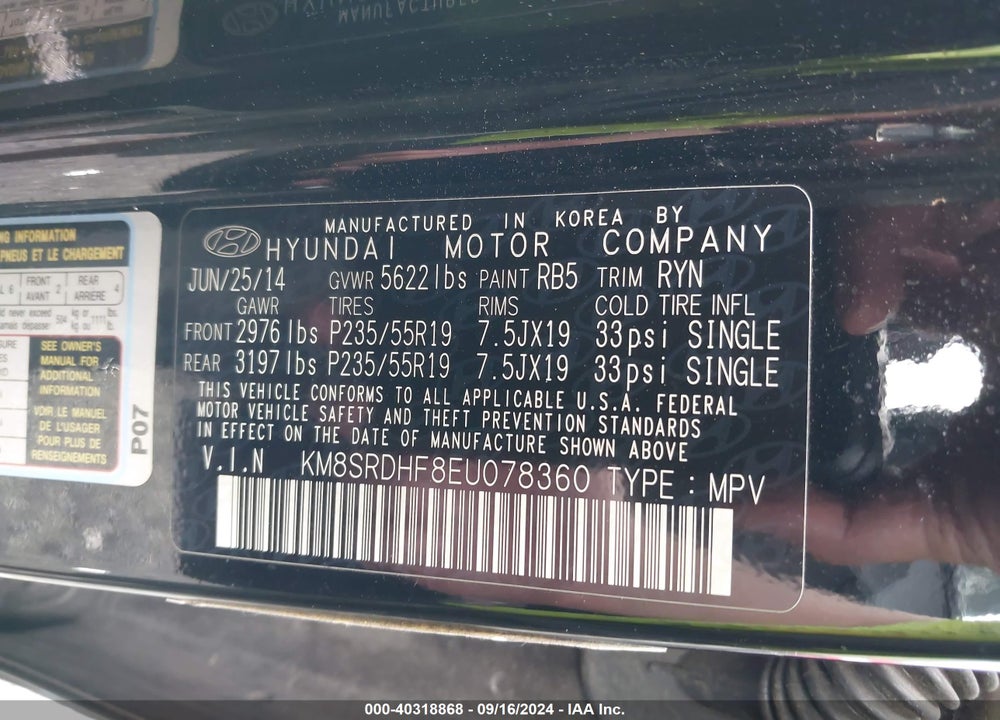 2014 HYUNDAI SANTA FE LIMITED VIN: KM8SRDHF8EU078360