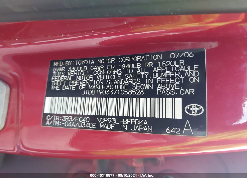 2007 TOYOTA YARIS VIN: JTDBT903371058526