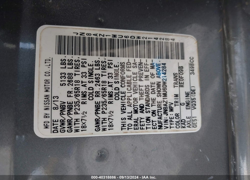 2013 NISSAN MURANO S VIN: JN8AZ1MU6DW214284
