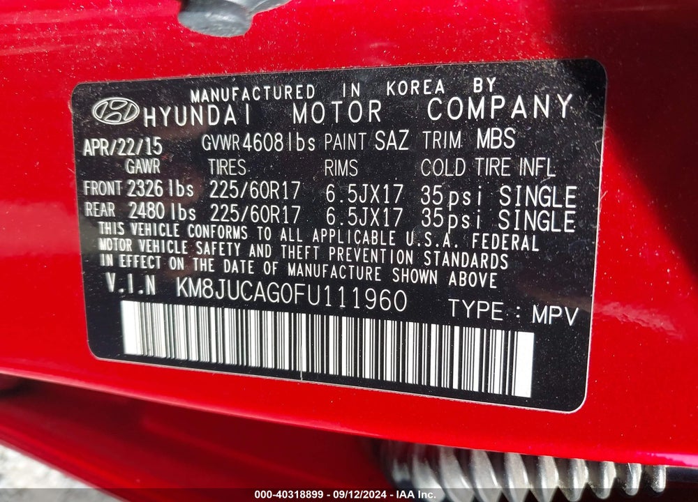 2015 HYUNDAI TUCSON SE VIN: KM8JUCAG0FU111960