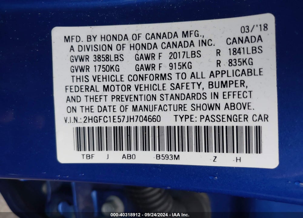 2018 HONDA CIVIC SI VIN: 2HGFC1E57JH704660