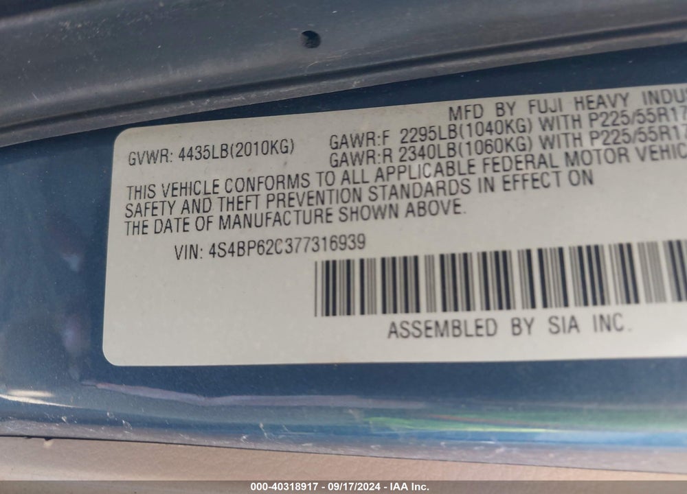2007 SUBARU OUTBACK 2.5I LIMITED VIN: 4S4BP62C377316939