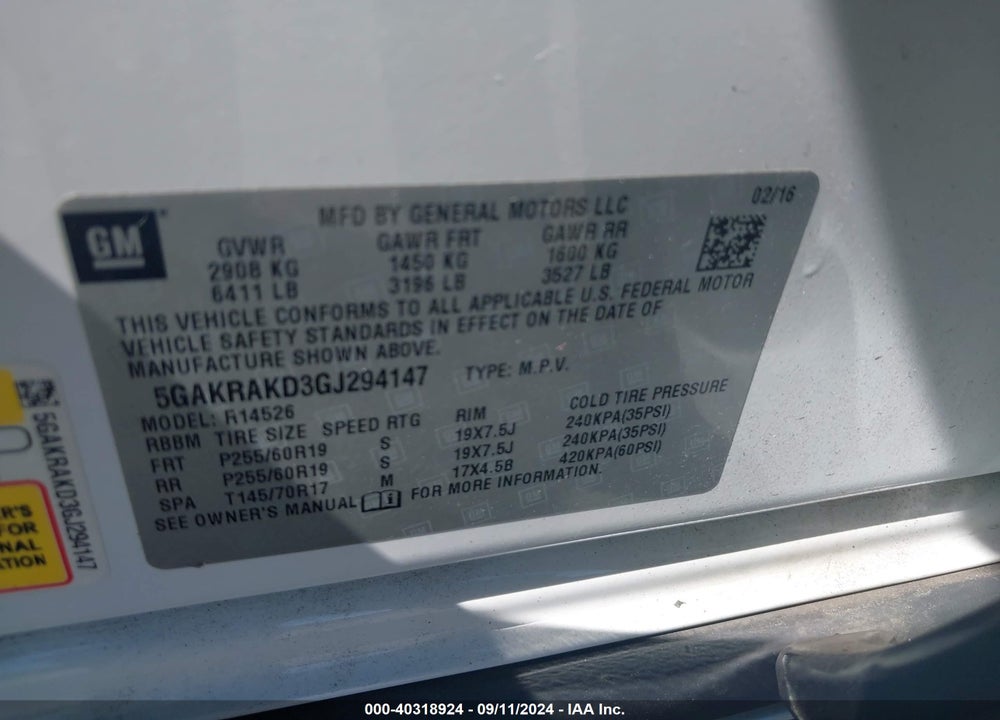 2016 BUICK ENCLAVE CONVENIENCE VIN: 5GAKRAKD3GJ294147