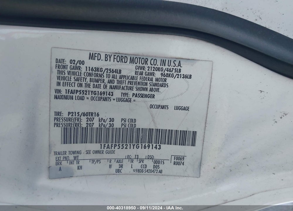2000 FORD TAURUS SES VIN: 1FAFP5521YG169143