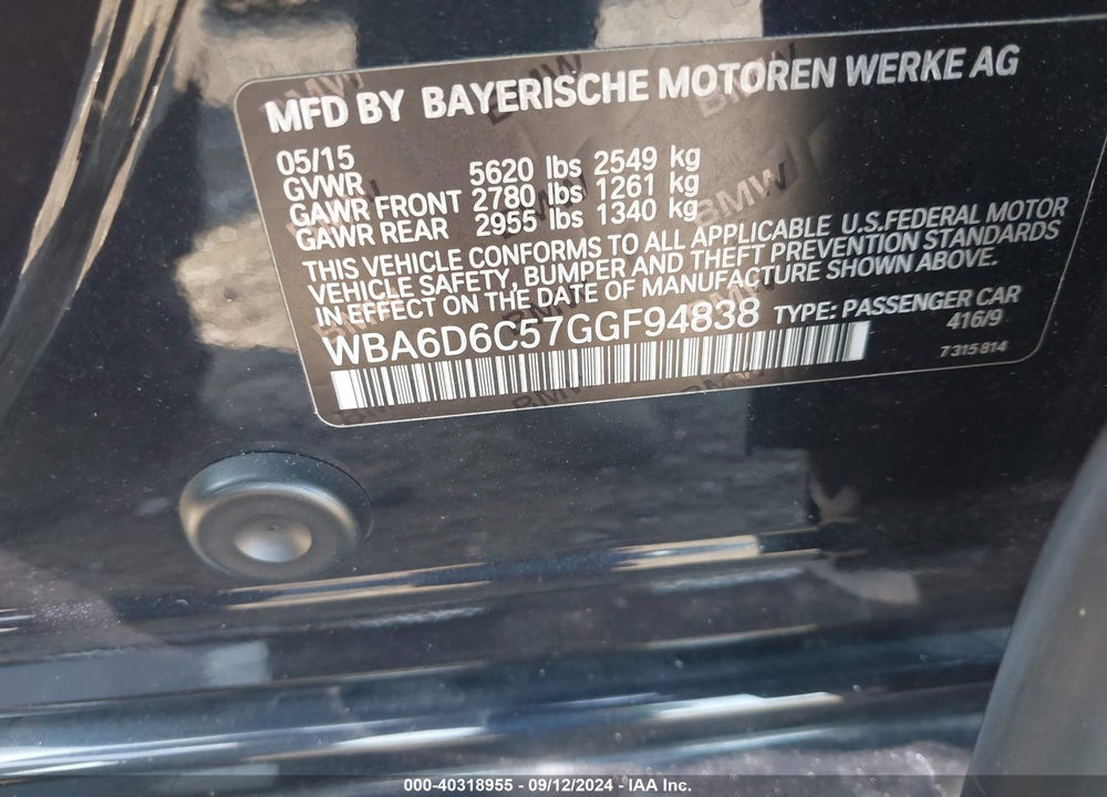 2016 BMW 650I GRAN COUPE XDRIVE VIN: WBA6D6C57GGF94838