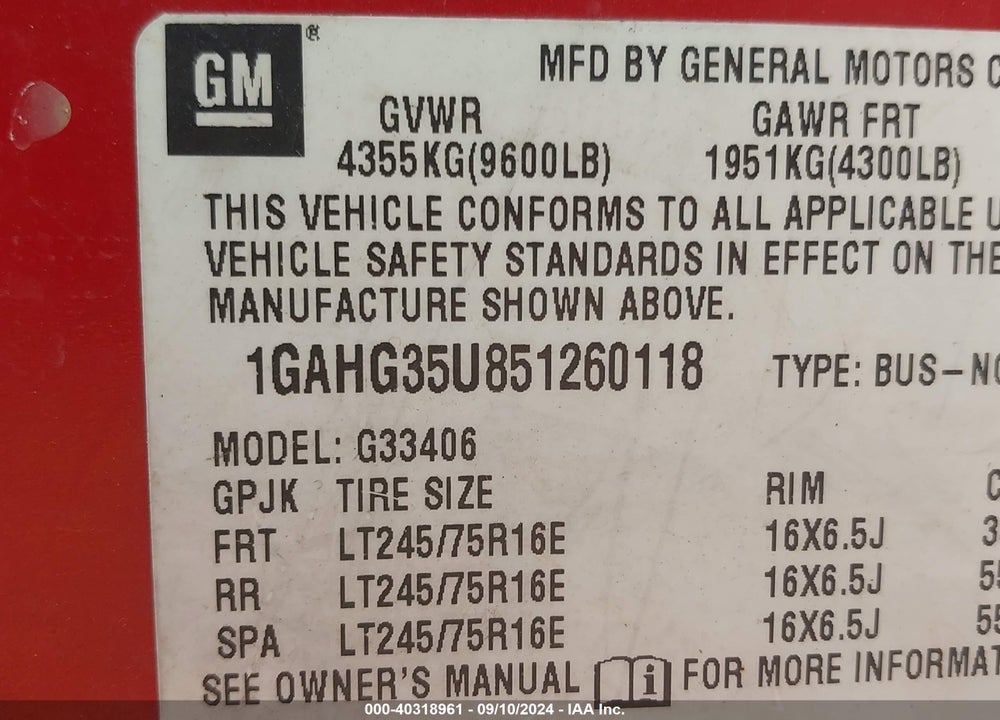 2005 CHEVROLET EXPRESS VIN: 1GAHG35U851260118