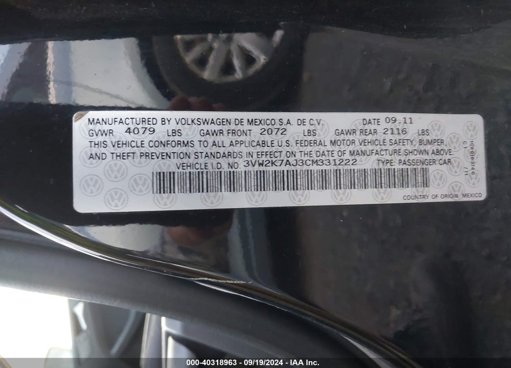 2012 VOLKSWAGEN JETTA 2.0L S VIN: 3VW2K7AJ3CM331222