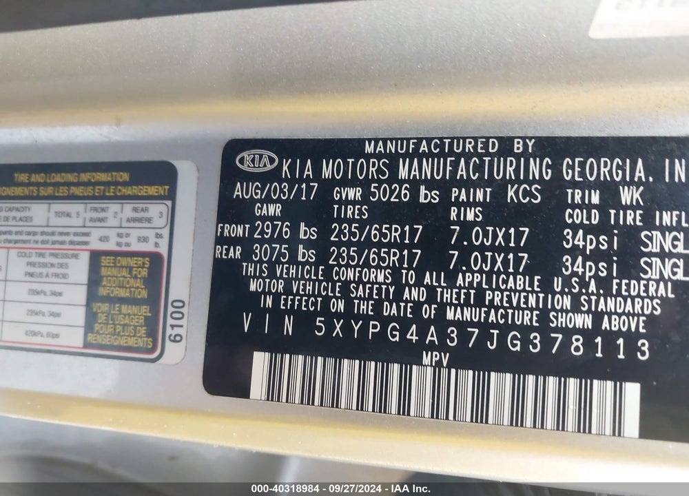 2018 KIA SORENTO 2.4L L VIN: 5XYPG4A37JG378113