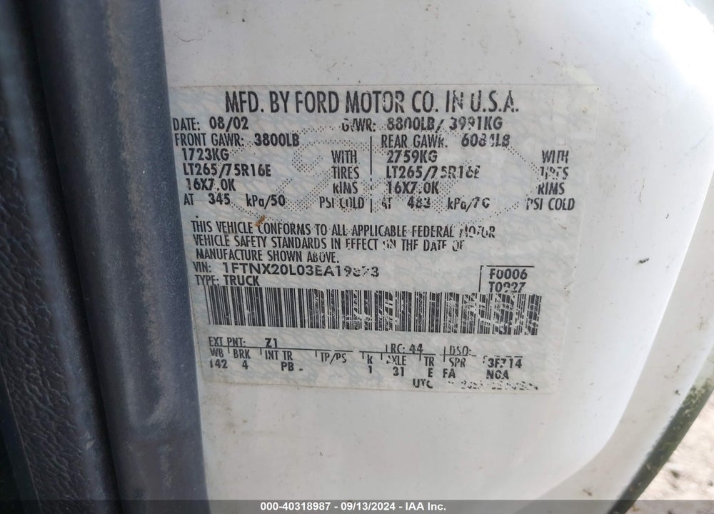 2003 FORD F-250 LARIAT/XL/XLT VIN: 1FTNX20L03EA19873