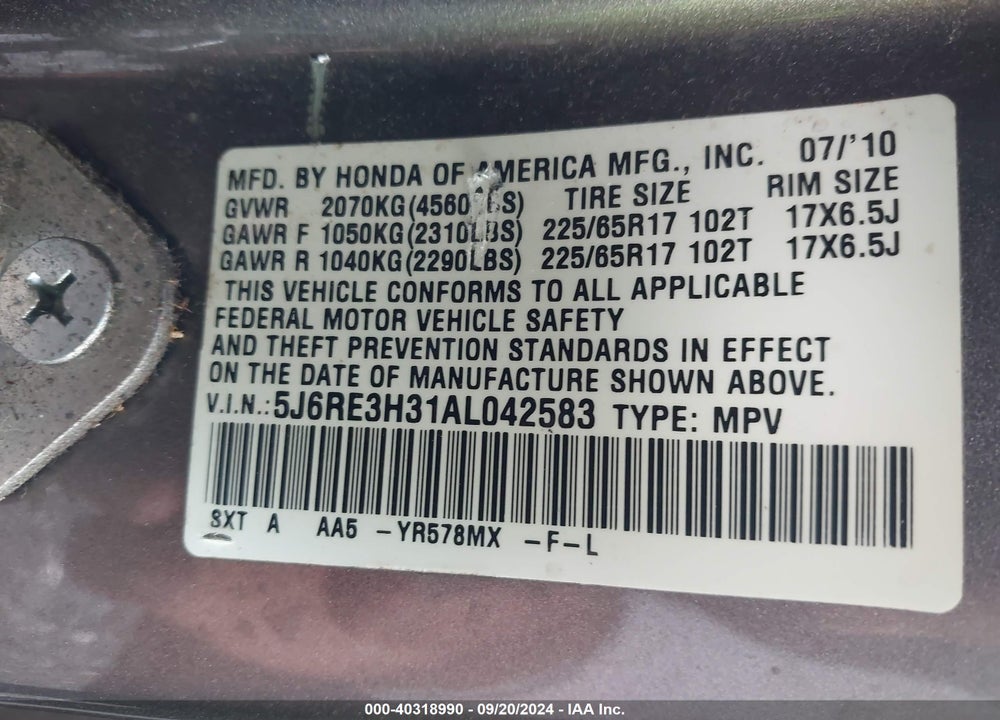 2010 HONDA CR-V LX VIN: 5J6RE3H31AL042583