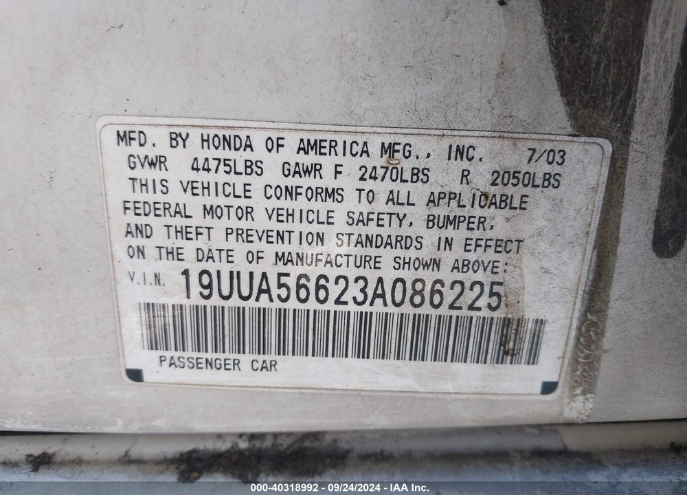2003 ACURA TL 3.2 VIN: 19UUA56623A086225