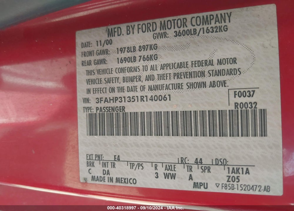 2001 FORD FOCUS ZX3 VIN: 3FAHP31351R140061