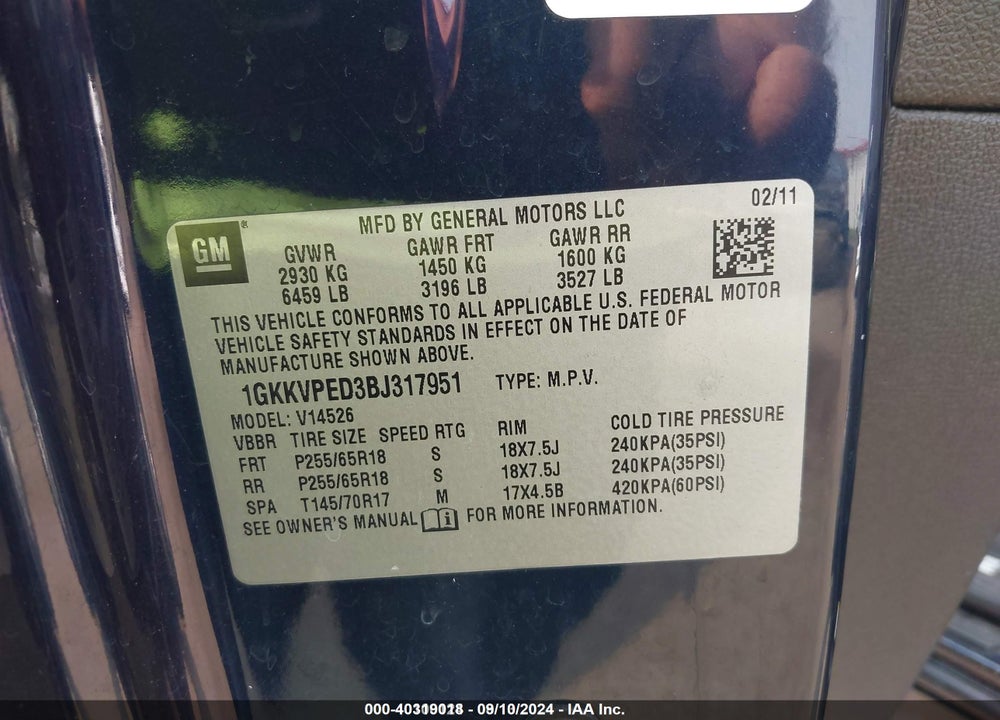 2011 GMC ACADIA SLE VIN: 1GKKVPED3BJ317951