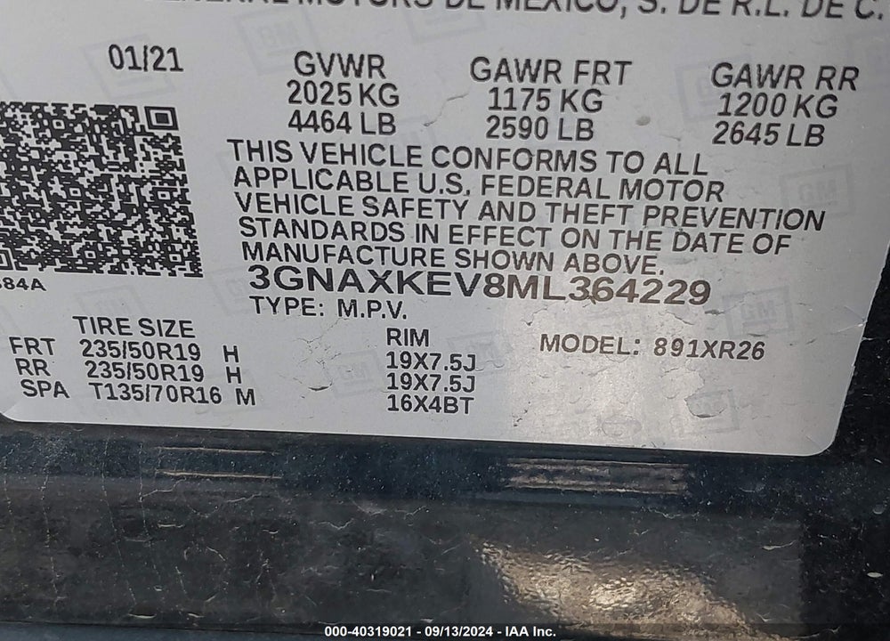 2021 CHEVROLET EQUINOX FWD LT VIN: 3GNAXKEV8ML364229