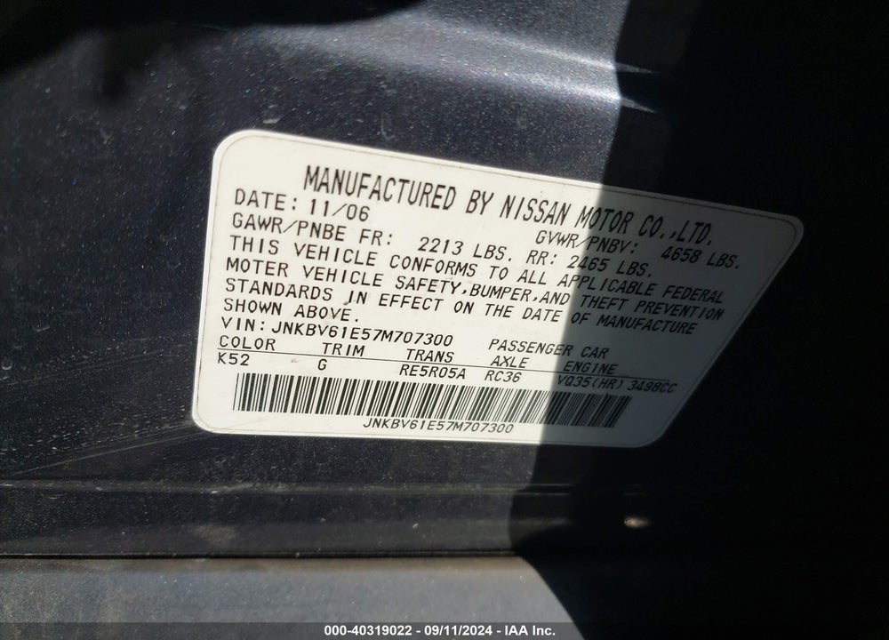 2007 INFINITI G35 SPORT VIN: JNKBV61E57M707300