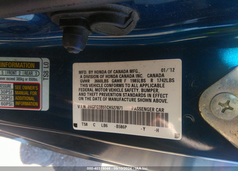 2012 HONDA CIVIC LX VIN: 2HGFG3B51CH527871