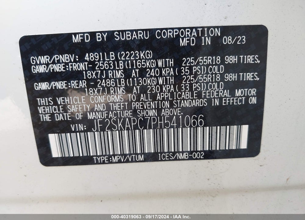 2023 SUBARU FORESTER LIMITED VIN: JF2SKAPC7PH541066