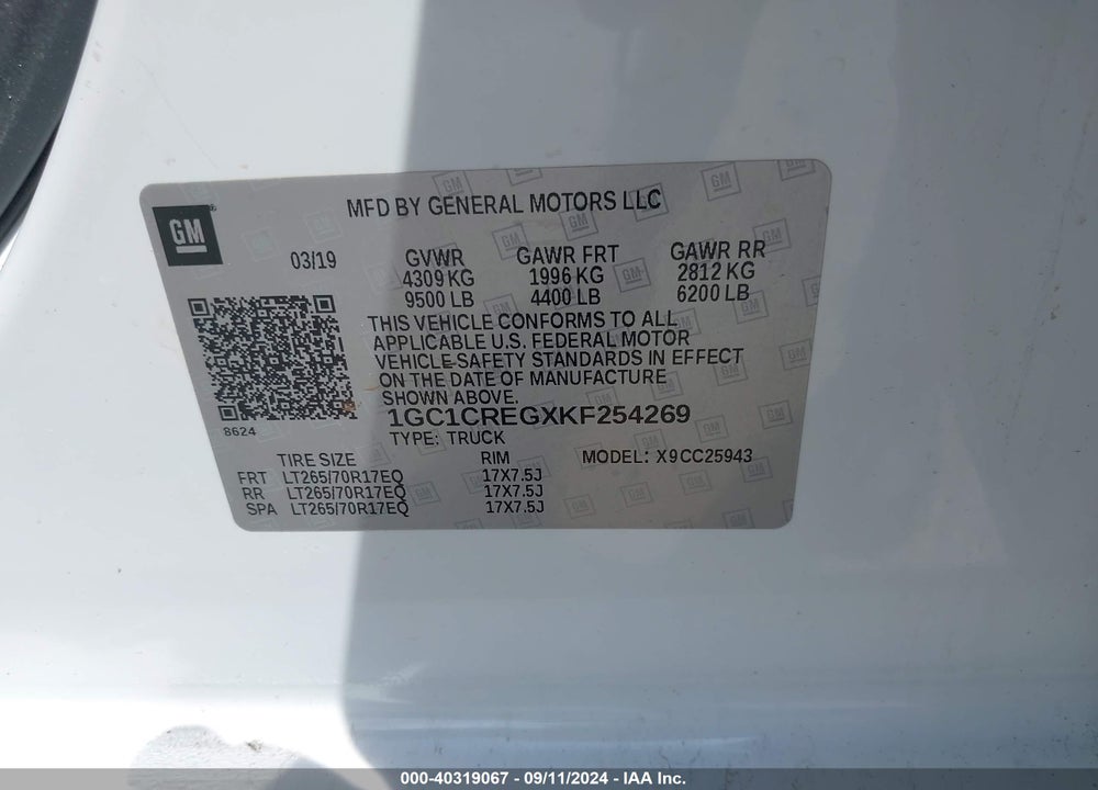 2019 CHEVROLET SILVERADO 2500HD WT VIN: 1GC1CREGXKF254269