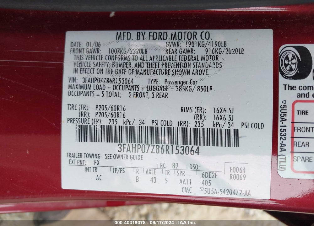 2006 FORD FUSION SE VIN: 3FAHP07Z86R153064