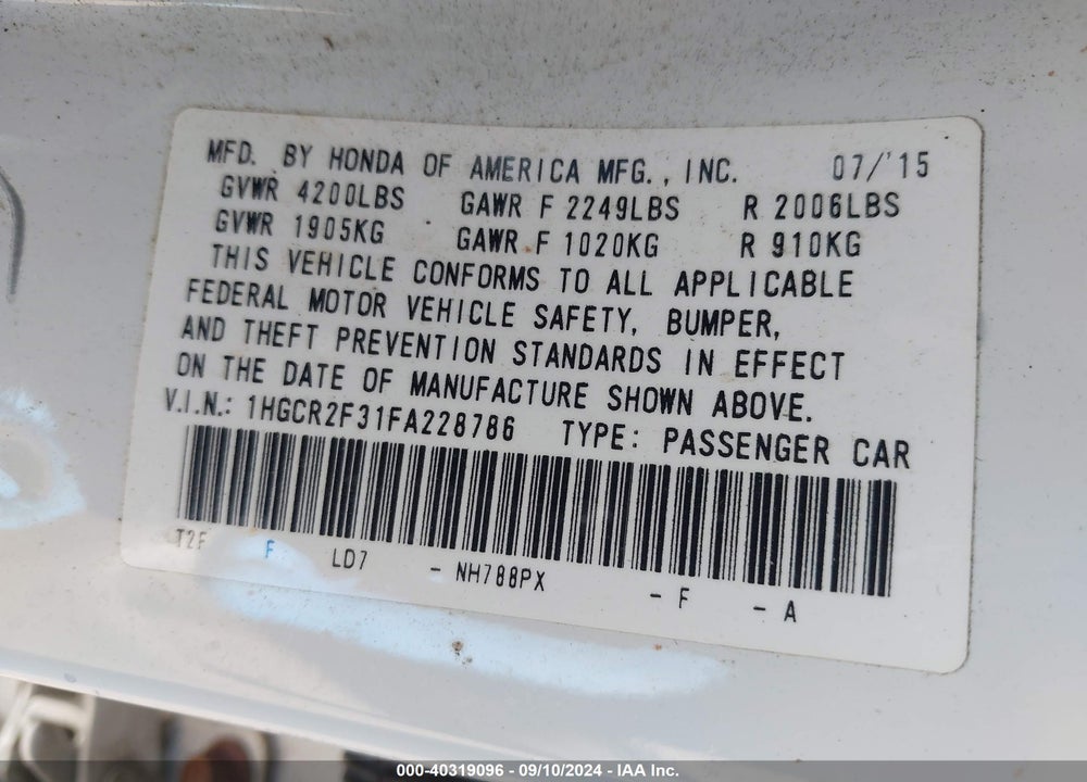 2015 HONDA ACCORD LX VIN: 1HGCR2F31FA228786