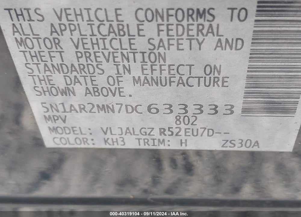 2013 NISSAN PATHFINDER SL VIN: 5N1AR2MN7DC633333