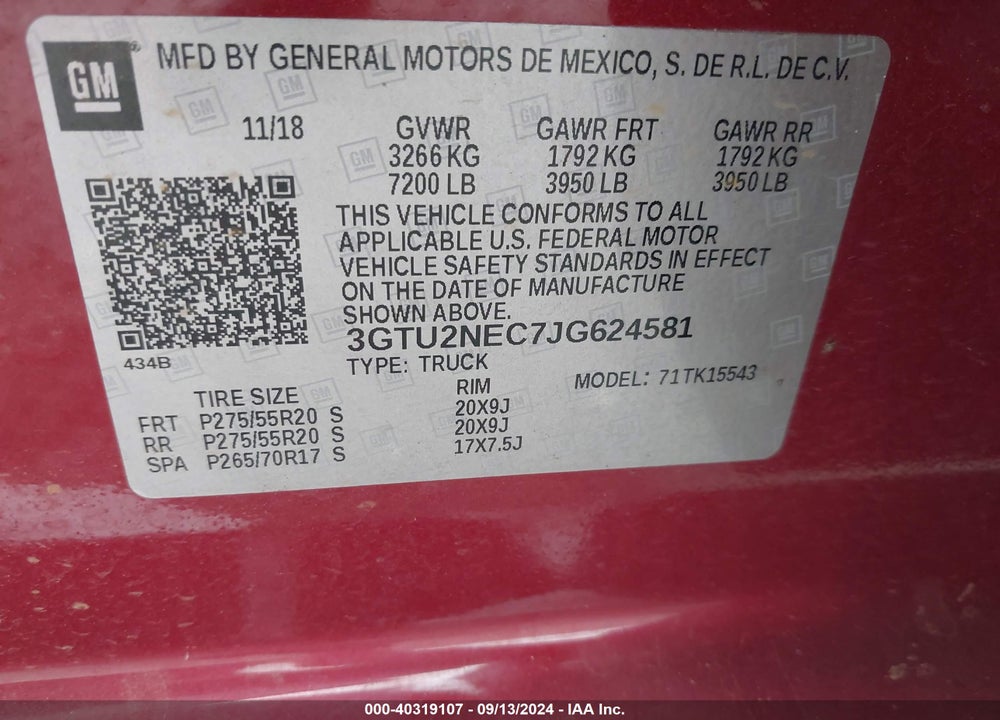 2018 GMC SIERRA 1500 SLT VIN: 3GTU2NEC7JG624581