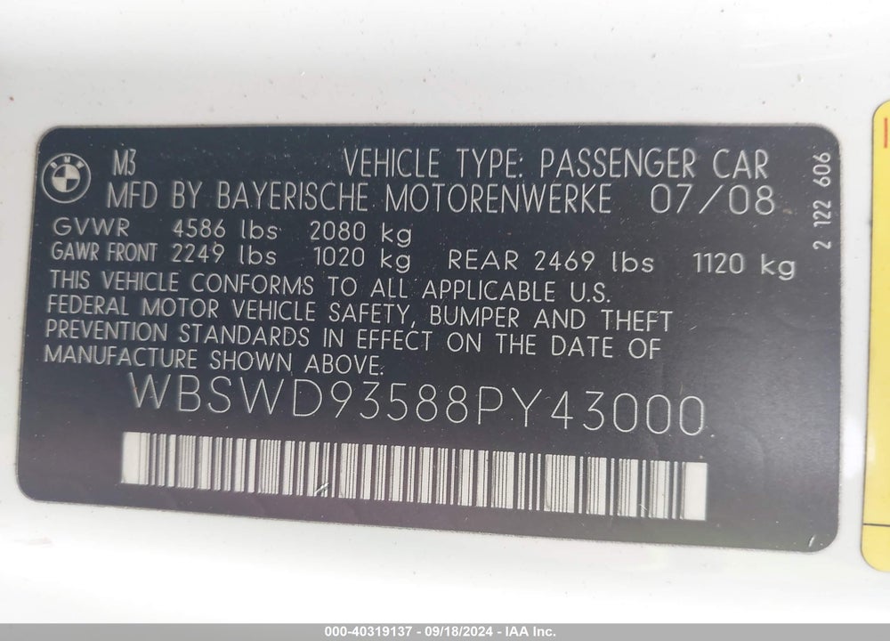 2008 BMW M3 VIN: WBSWD93588PY43000