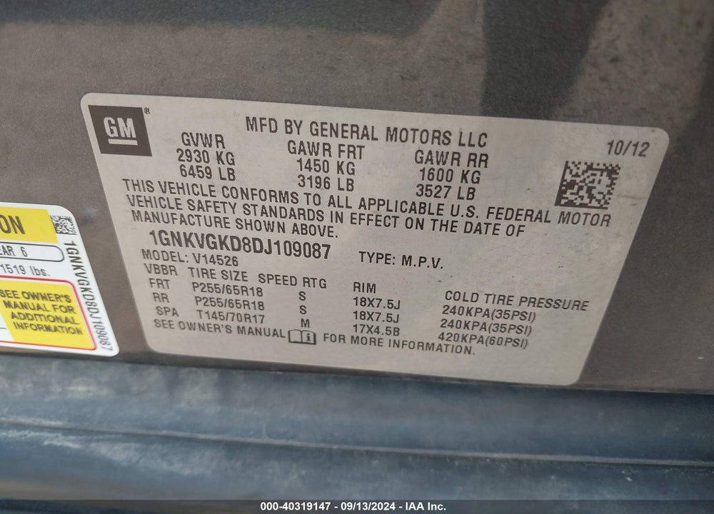 2013 CHEVROLET TRAVERSE 1LT VIN: 1GNKVGKD8DJ109087