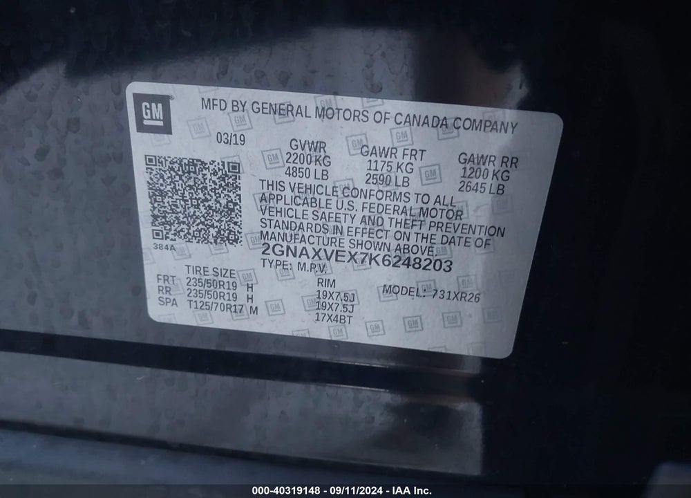 2019 CHEVROLET EQUINOX LT VIN: 2GNAXVEX7K6248203