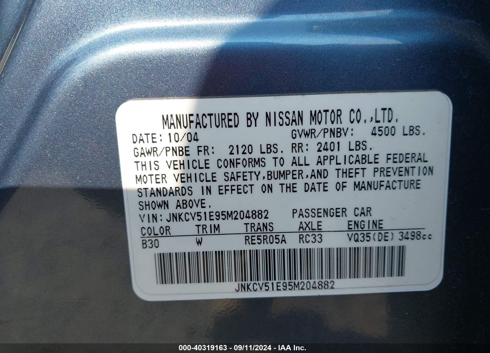 2005 INFINITI G35 VIN: JNKCV51E95M204882