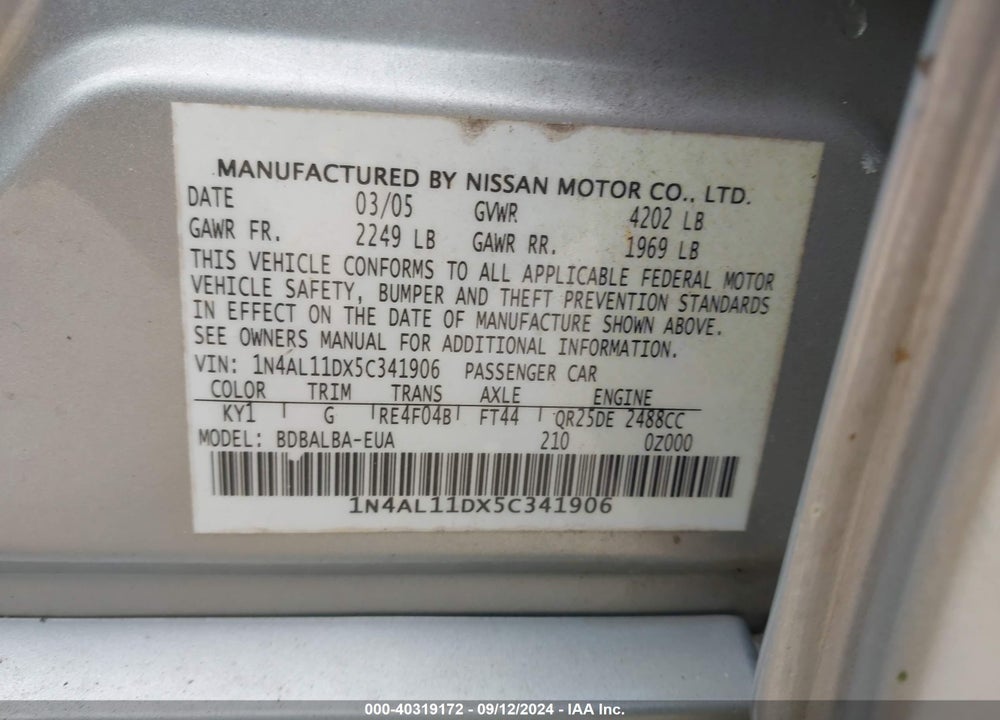 2005 NISSAN ALTIMA 2.5 S VIN: 1N4AL11DX5C341906
