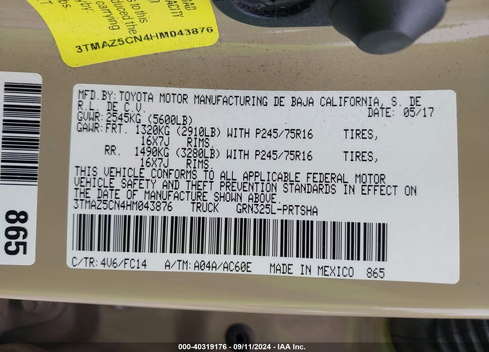 2017 TOYOTA TACOMA SR5 V6 VIN: 3TMAZ5CN4HM043876