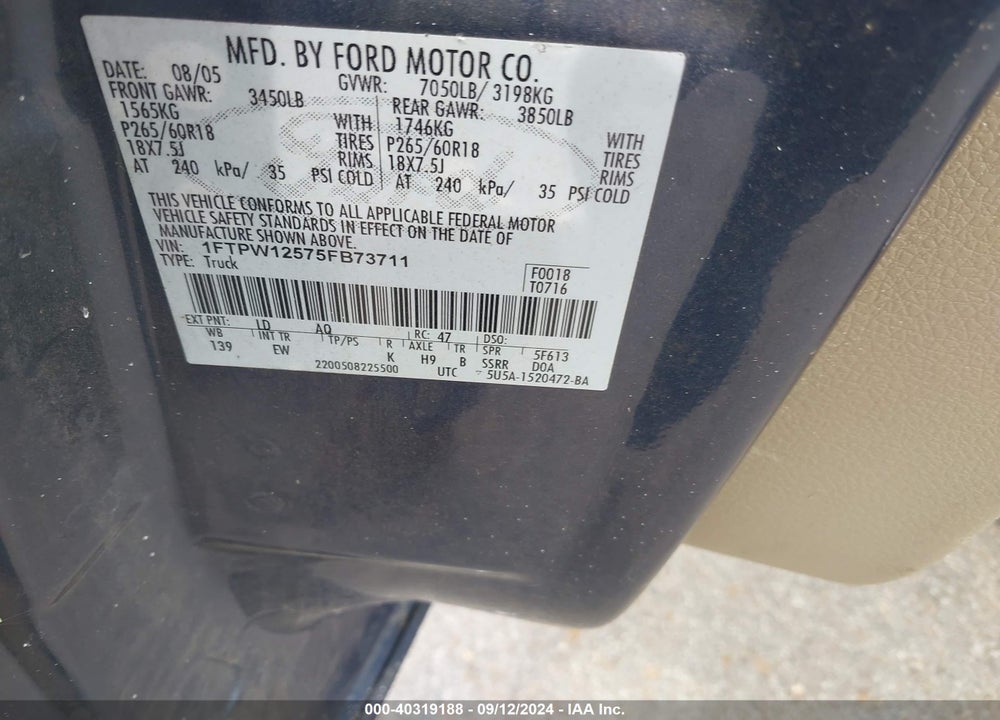 2005 FORD F-150 LARIAT/XLT VIN: 1FTPW12575FB73711
