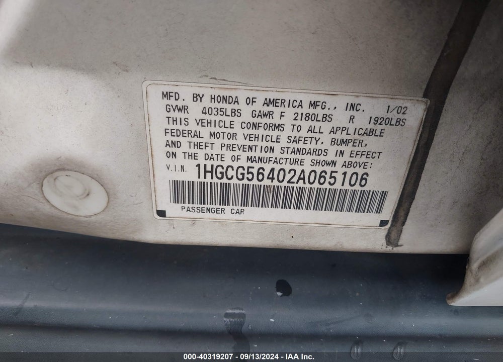 2002 HONDA ACCORD 2.3 LX VIN: 1HGCG56402A065106