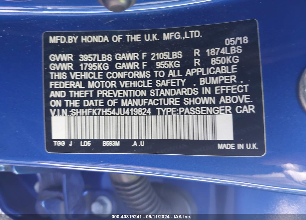 2018 HONDA CIVIC EX VIN: SHHFK7H54JU419824