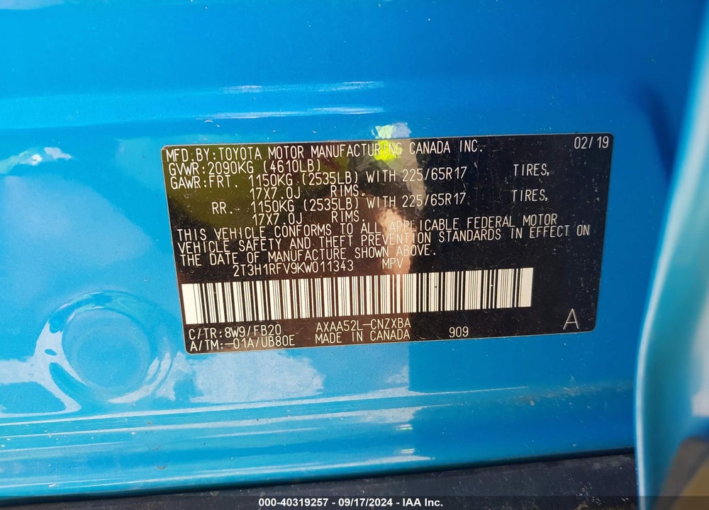 2019 TOYOTA RAV4 LE VIN: 2T3H1RFV9KW011343