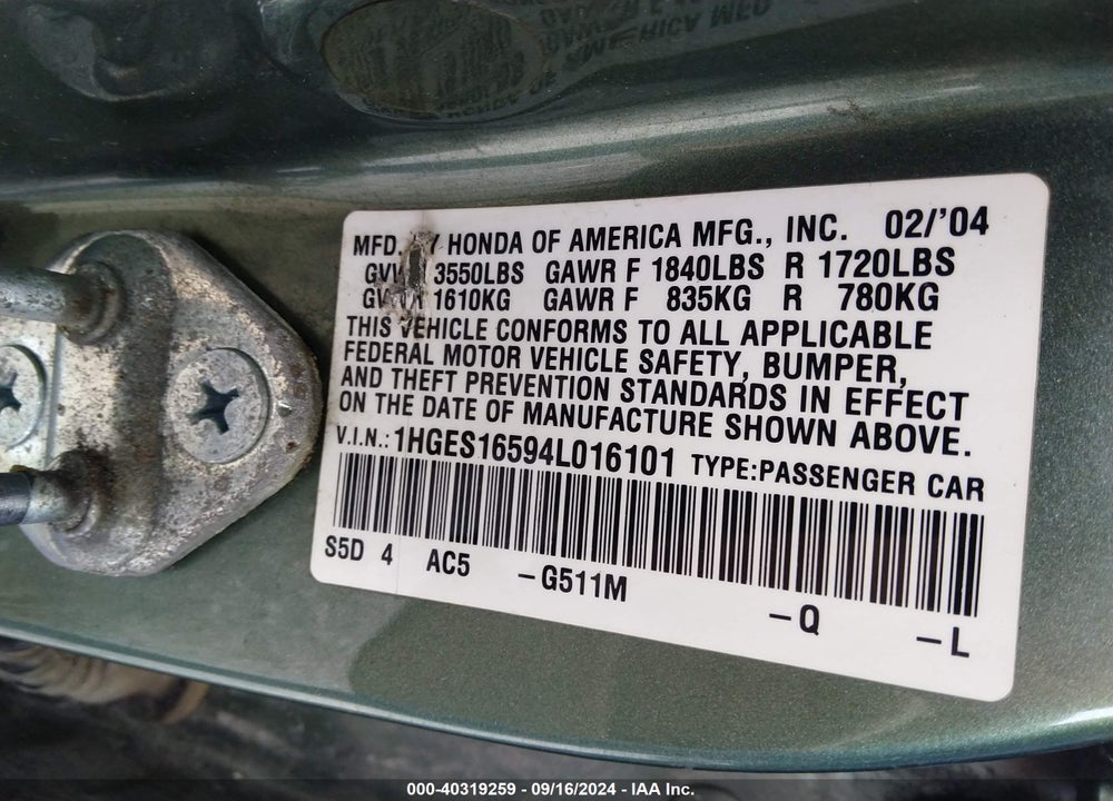 2004 HONDA CIVIC VIN: 1HGES16594L016101