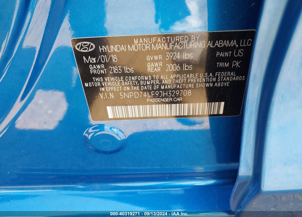 2018 HYUNDAI ELANTRA SE VIN: 5NPD74LF9JH329708
