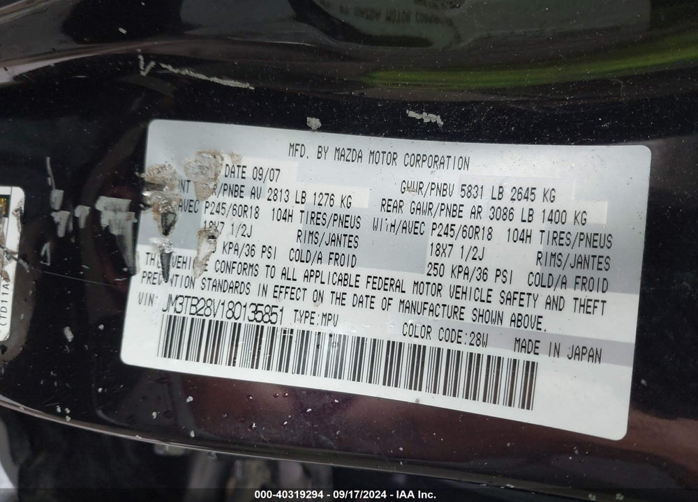 2008 MAZDA CX-9 SPORT VIN: JM3TB28V180135851