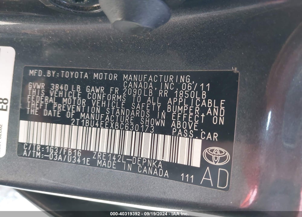 2011 TOYOTA COROLLA LE VIN: 2T1BU4EEXBC630173