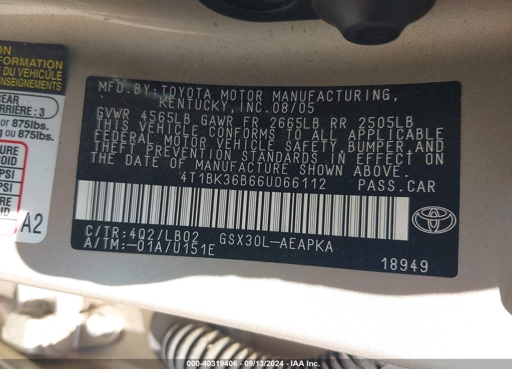 2006 TOYOTA AVALON LIMITED VIN: 4T1BK36B66U066112