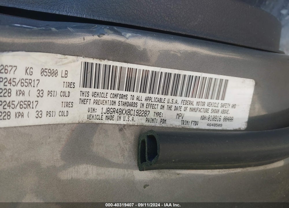 2008 JEEP GRAND CHEROKEE LAREDO VIN: 1J8GR48KX8C192287