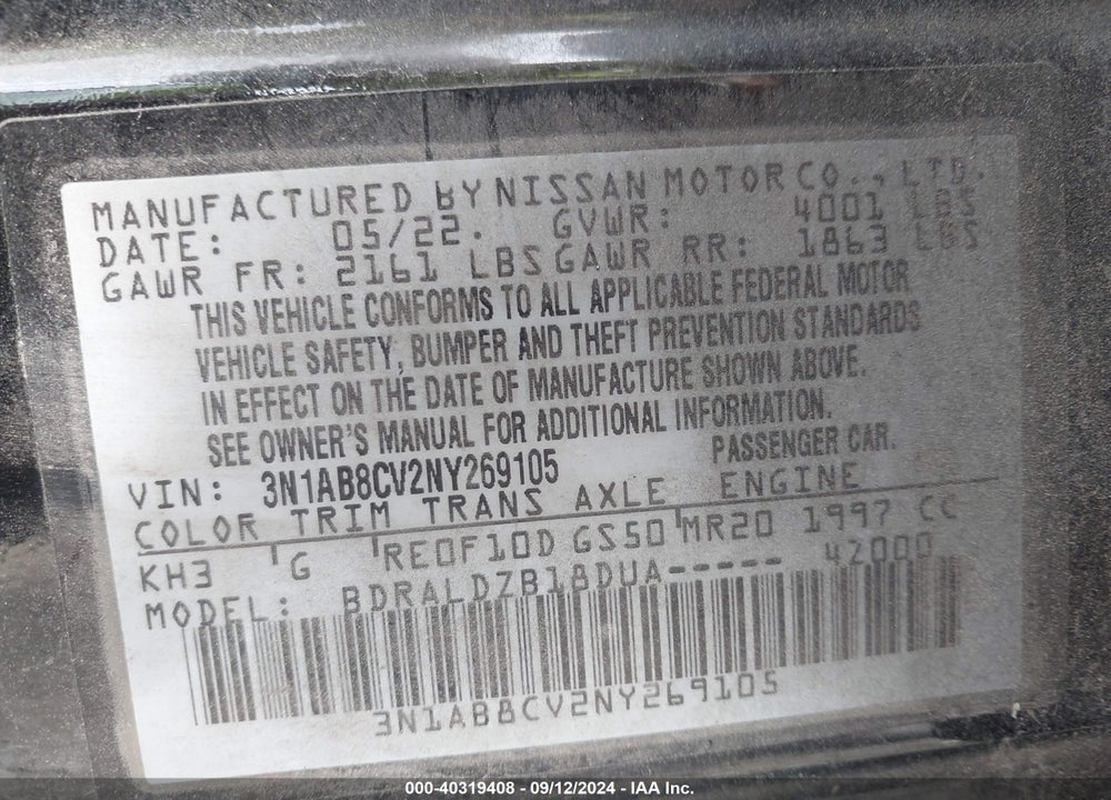 2022 NISSAN SENTRA VIN: 3N1AB8CV2NY269105