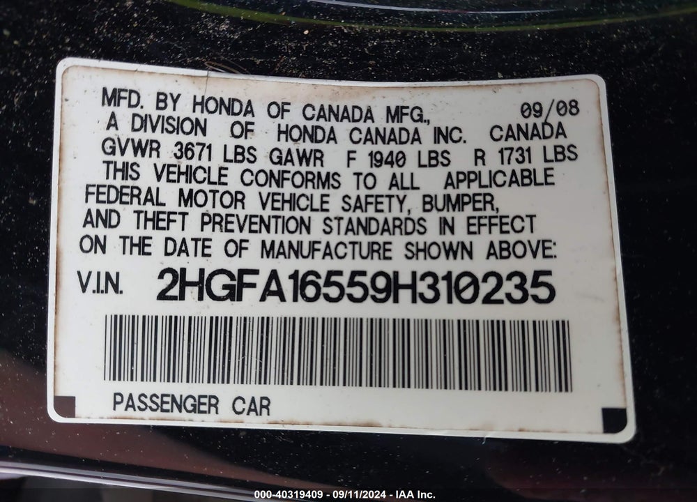2009 HONDA CIVIC LX VIN: 2HGFA16559H310235