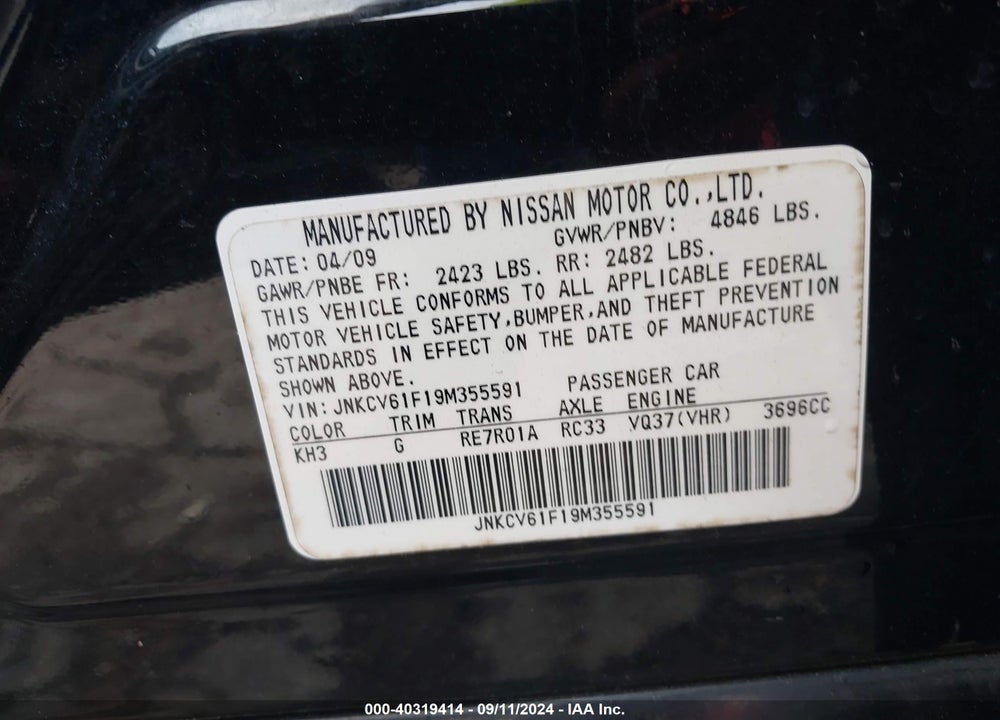 2009 INFINITI G37X VIN: JNKCV61F19M355591